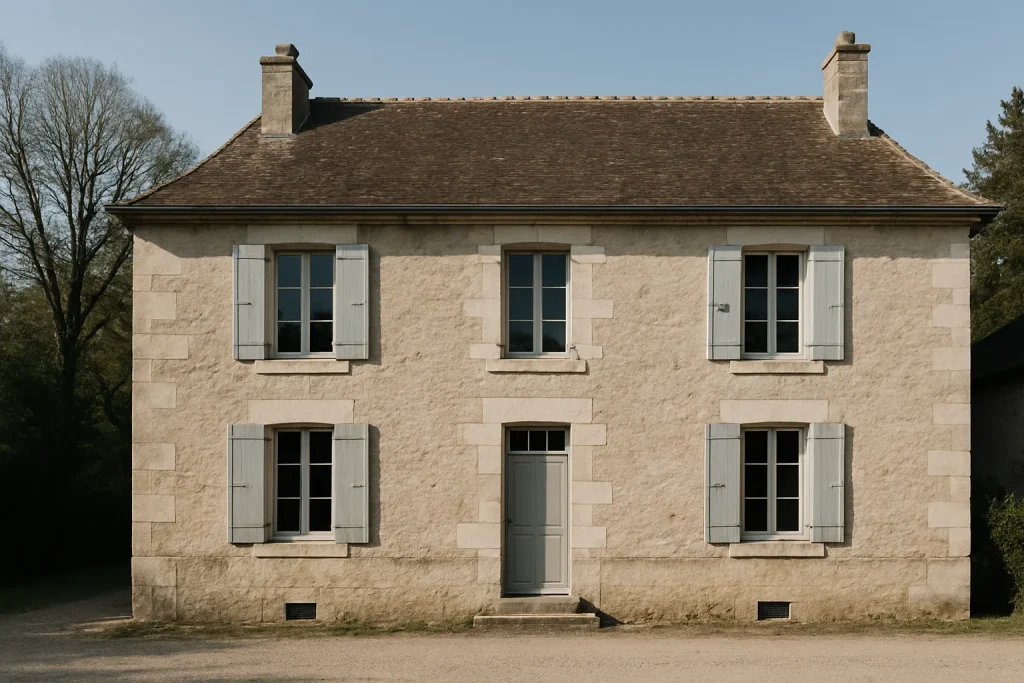 Maison ancienne à Brienon-sur-Armançon avec des arbres environnants sous le ciel bleu.