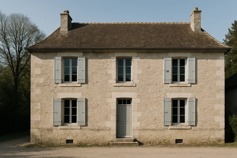 Maison ancienne à Brienon-sur-Armançon avec des arbres environnants sous le ciel bleu.