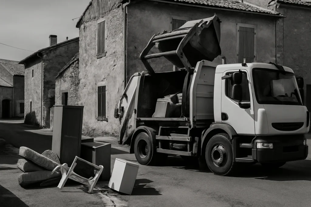 Camion benne en noir et blanc ramassant des encombrants dans une rue de Saint-Fargeau.