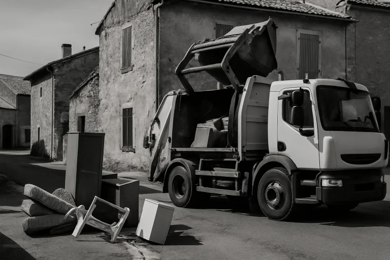 Camion benne en noir et blanc ramassant des encombrants dans une rue de Saint-Fargeau.