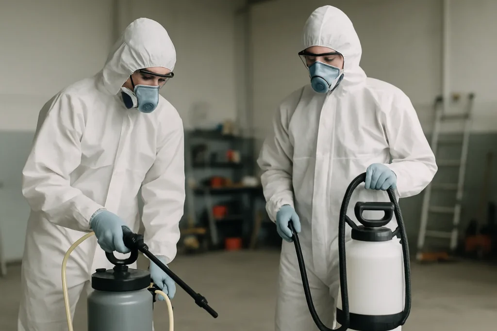 Deux techniciens en combinaison de protection effectuent une décontamination.