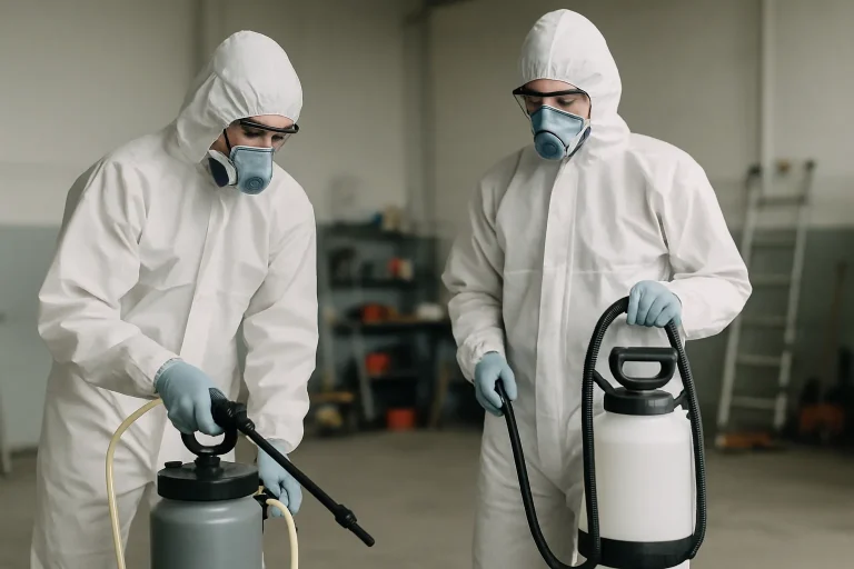 Deux techniciens en combinaison de protection effectuent une décontamination.